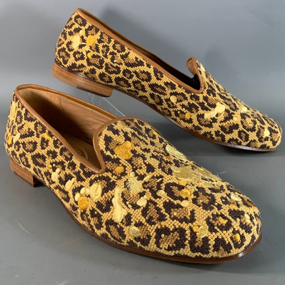 STUBBS & WOOTTON Size 9.5 Brown Gold Embroidery Lounge Loafers